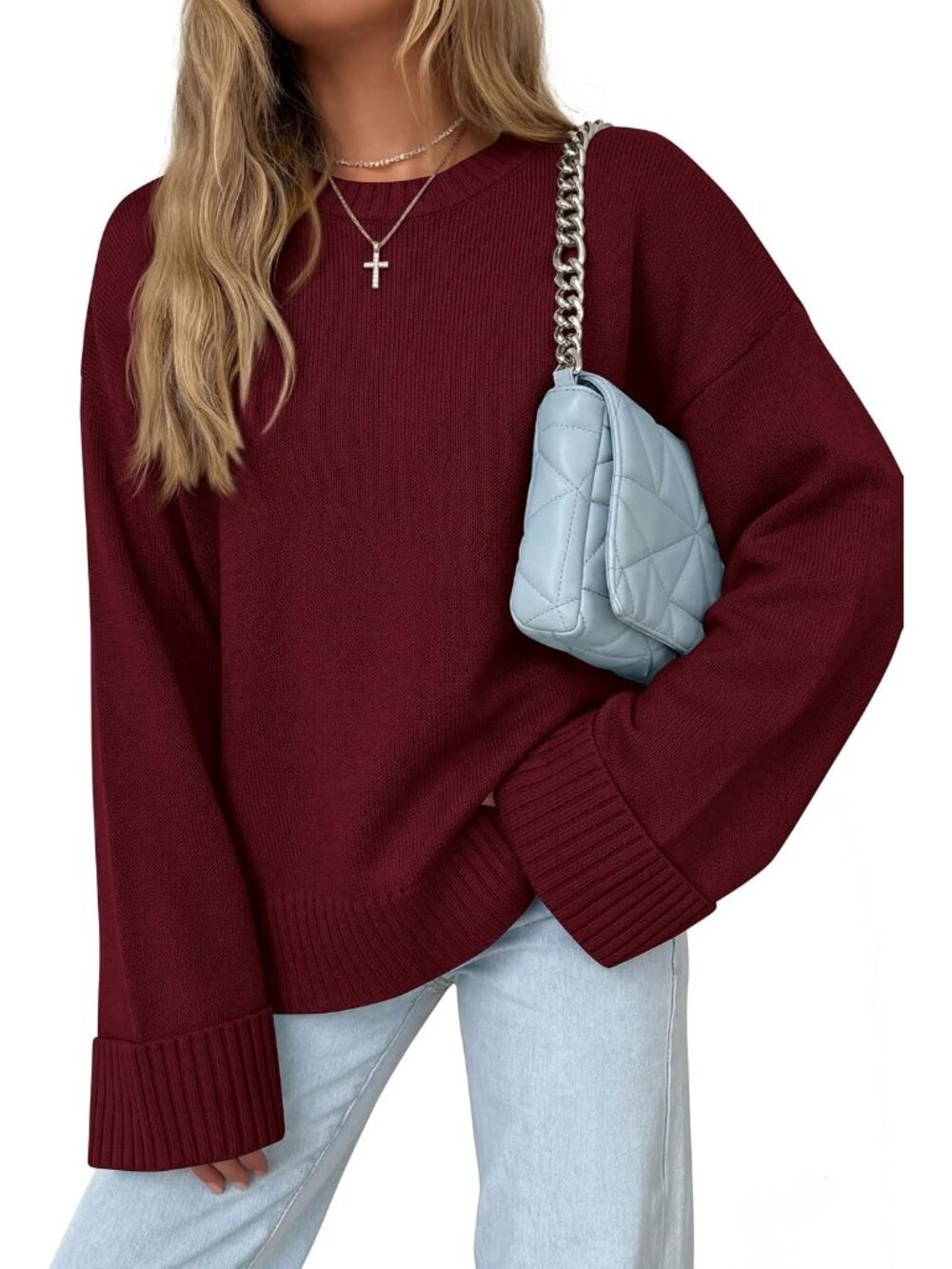Women's Wine Red Crewneck Long Sleeve Solid Ribbed Knit Top Oversized Sweater
